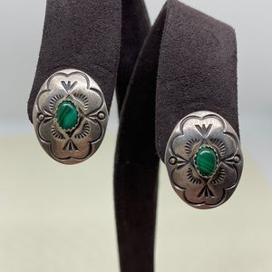 Vintage Sterling Silver and Malachite Clip On Earrings